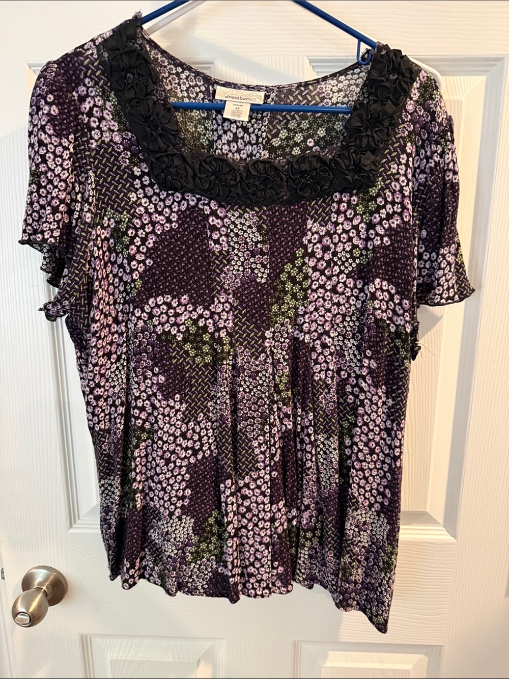 dressbarn Purple Floral Short Sleeve Tunic with Black Trim